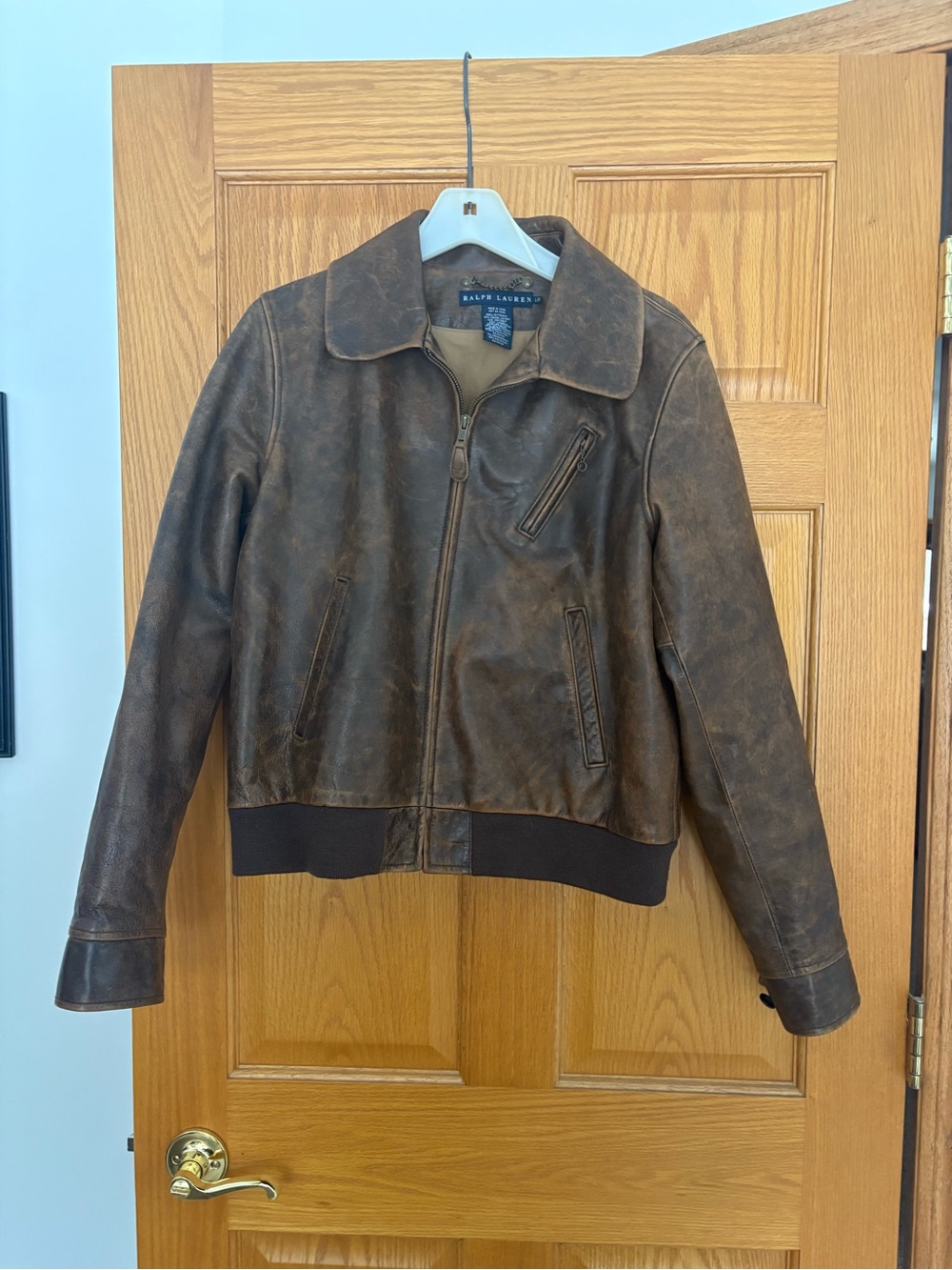 Ralph Lauren Distressed Brown Leather Bomber Jacket